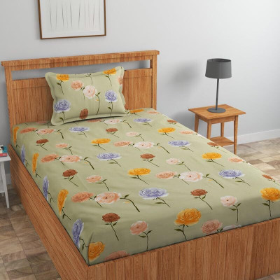 t tungol 210 TC Cotton Single Printed Fitted (Elastic) Bedsheet(Pack of 1, Green)