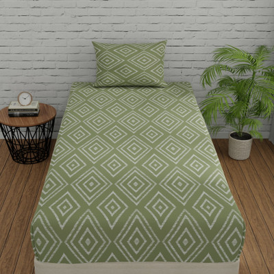 Huesland Cotton Single Flat 144 TC Geometric Bedsheet(Pack of 1, Sage Green)