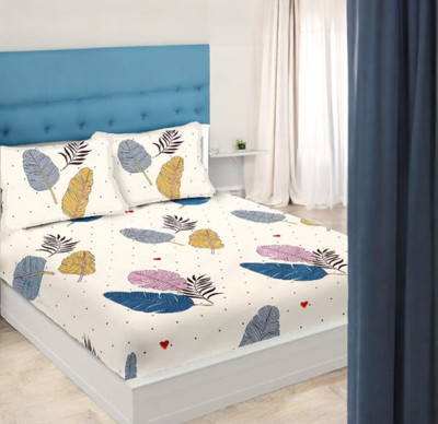 HOMYBEES 300 TC Cotton Double Abstract Fitted (Elastic) Bedsheet(Pack of 1, White)