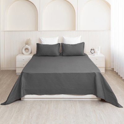 HOMEMONDE 210 TC Cotton King Striped Flat Bedsheet(Pack of 1, Grey)