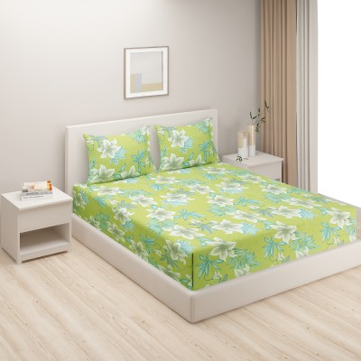 SWAYAM 180 TC Cotton Double Floral Flat Bedsheet(Pack of 1, Mustard Yellow & White)
