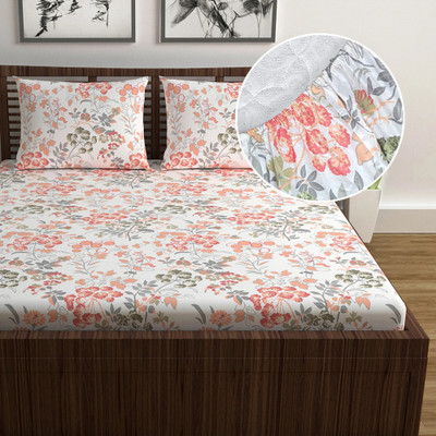 Divine Casa Cotton Double Fitted (Elastic) 144 TC Floral Bedsheet(Pack of 1, Papaya Punch)
