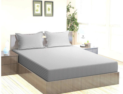 SOENNA Cotton Double Flat 240 TC Striped Bedsheet(Pack of 1, Grey)