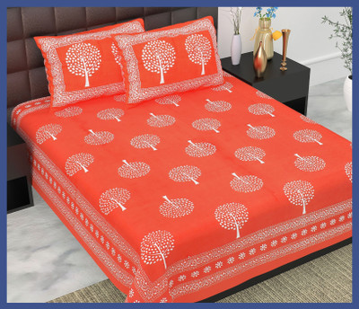 BedZone Cotton Double Flat 240 TC Jaipuri Prints Bedsheet(Pack of 1, Orange)