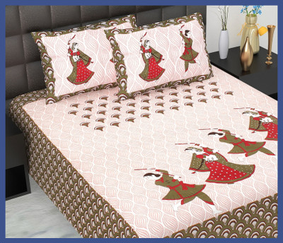 BedZone Cotton Double Flat 240 TC Jaipuri Prints Bedsheet(Pack of 1, Green)