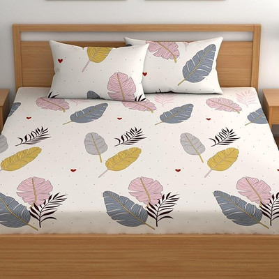 ARDM 210 TC Cotton Double Abstract Fitted (Elastic) Bedsheet(Pack of 1, Cream)