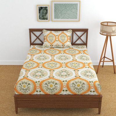 Kawi 200 TC Polycotton Single Printed Fitted (Elastic) Bedsheet(Pack of 1, Peach 1)