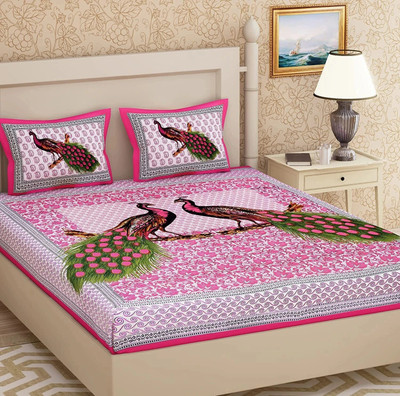METRO LIVING Cotton Double Flat 144 TC Jaipuri Prints Bedsheet(Pack of 1, Pink)