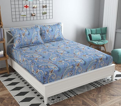 ARDM 204 TC Cotton Double Printed Fitted (Elastic) Bedsheet(Pack of 1, Blue2)