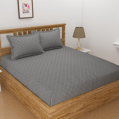 BELVOSTUM 280 TC Microfiber Double Checkered Fitted (Elastic) Bedsheet(Pack of 1, Grey)