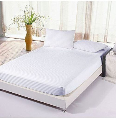 LINENWALAS 310 TC Cotton Single Striped Fitted (Elastic) Bedsheet(Pack of 1, White)