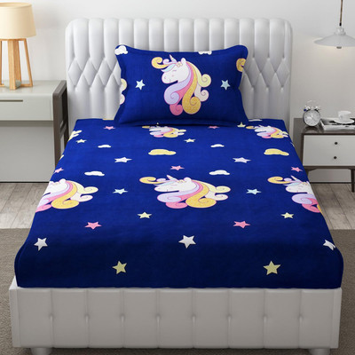 Freshfromloom 144 TC Microfiber Single Floral Flat Bedsheet(Pack of 1, Dinosaur Blue)