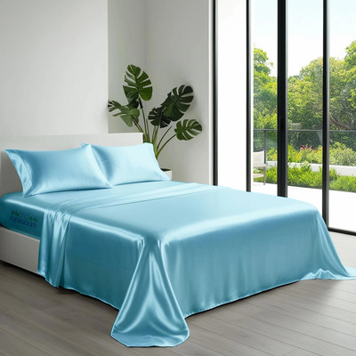 Indian Kingdom Satin King Flat 400 TC Solid Bedsheet(Pack of 1, Light Blue)