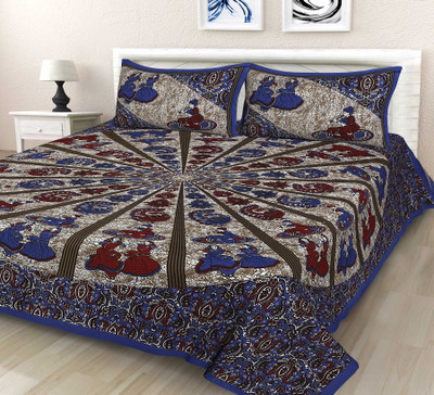 Diva Collection Cotton Queen Flat 144 TC Jaipuri Prints Bedsheet(Pack of 1, Blue)