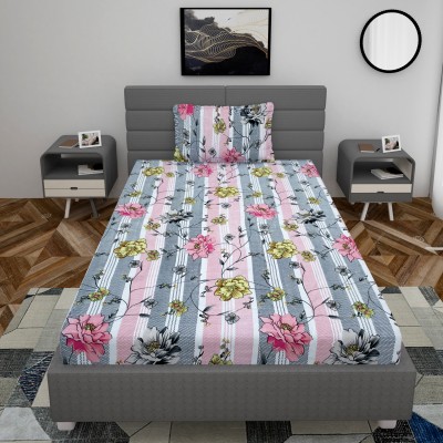 real dream 250 TC Cotton Single Abstract Fitted (Elastic) Bedsheet(Pack of 1, Grey)