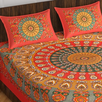 Leo Creation 144 TC Cotton Double Jaipuri Prints Flat Bedsheet(Pack of 1, Orange, Green, Yellow, Black, Brown)