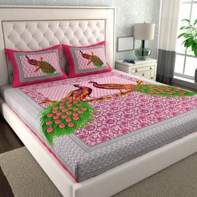 COZYKO 144 TC Cotton Double Jaipuri Prints Flat Bedsheet(Pack of 1, Pink)
