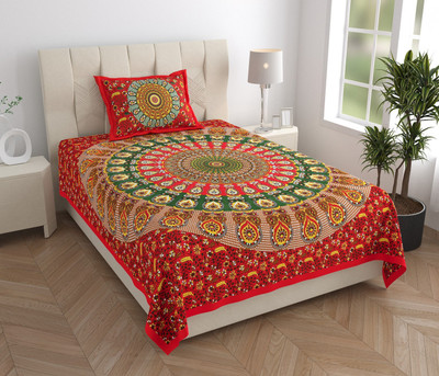 KOUNDAL Cotton Single Flat 144 TC Jaipuri Prints Bedsheet(Pack of 1, Red)