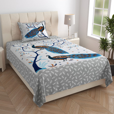 Maa Collection 144 TC Cotton Single Jaipuri Prints Flat Bedsheet(Pack of 1, Grey)