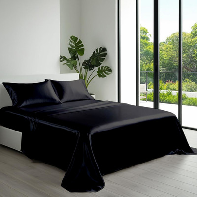 Indian Kingdom Satin Double Flat 400 TC Solid Bedsheet(Pack of 1, Black)