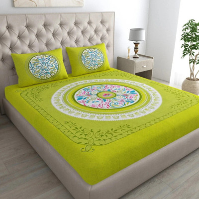 COZYKO Cotton Double Flat 144 TC Floral Bedsheet(Pack of 1, Green)