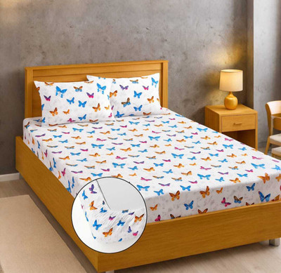 TrueBuy Cotton Double Fitted (Elastic) 300 TC Floral Bedsheet(Pack of 1, White)