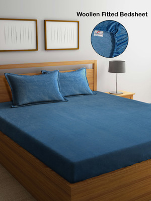 Fabinaliv Woolen King Fitted (Elastic) 300 TC Solid Bedsheet(Pack of 1, Ice Blue)