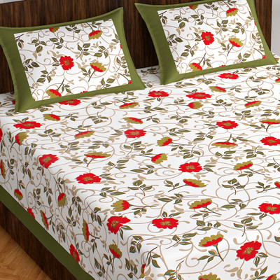 Home@shop Cotton Double Flat 144 TC Jaipuri Prints Bedsheet(Pack of 1, Green)