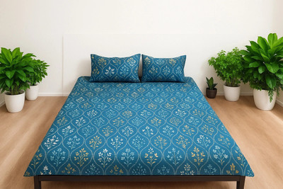 Vrindafabrico 210 TC Polyester Double Printed Flat Bedsheet(Pack of 1, Dark Blue)