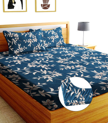 SUKHAURA Cotton Double Fitted (Elastic) 230 TC Printed Bedsheet(Pack of 1, Multicolor)