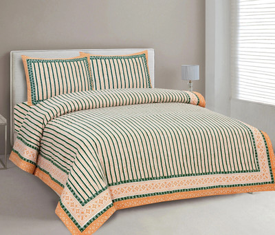 CLOTHOLOGY Cotton King Flat 240 TC Jaipuri Prints Bedsheet(Pack of 1, Orange, Green)