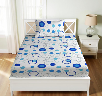 Vishal international Cotton Single Flat 220 TC Floral Bedsheet(Pack of 1, White Blue circle)