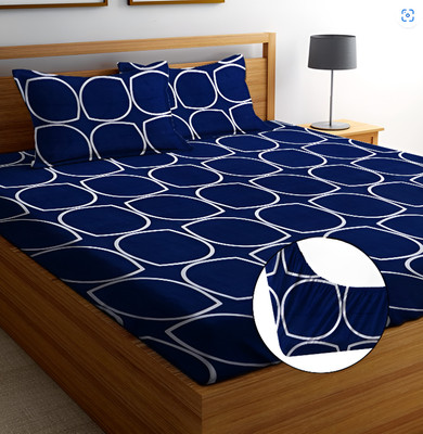 Bunkin 280 TC Polycotton Double Printed Fitted (Elastic) Bedsheet(Pack of 1, BLUE CIRCLES)