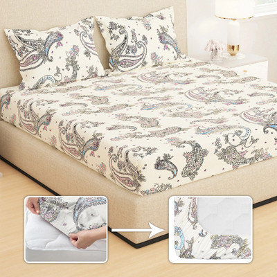 Story@home Microfiber King Fitted (Elastic) 210 TC Printed Bedsheet(Pack of 1, Off White, Pink)