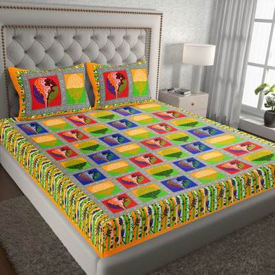 BHermosa Cotton Double Flat 144 TC Jaipuri Prints Bedsheet(Pack of 1, Yellow, Red, Blue, Green, Black)