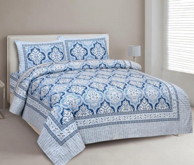 CLOTHOLOGY Cotton King Flat 240 TC Jaipuri Prints Bedsheet(Pack of 1, BLUE,SKY BLUE)