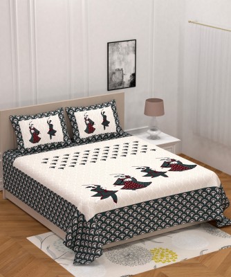 Tiny Hut Decor 144 TC Cotton Queen Jaipuri Prints Flat Bedsheet(Pack of 1, Multicolor)