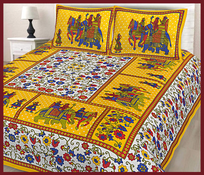 JAIPUR PRINTS Cotton Double Flat 144 TC Jaipuri Prints Bedsheet(Pack of 1, Yellow)