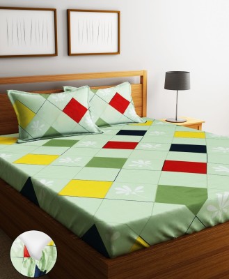 Home Sizzler 144 TC Microfiber Double Geometric Fitted (Elastic) Bedsheet(Pack of 1, Design 4: Lime Green)