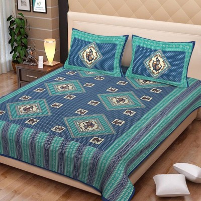 E ELMA 144 TC Cotton Double Jaipuri Prints Flat Bedsheet(Pack of 1, Blue)