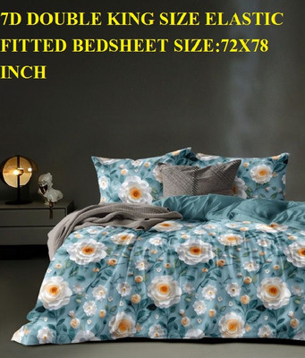 Laying Style Polycotton King Fitted (Elastic) 400 TC Floral Bedsheet(Pack of 1, 7D Double King Size Elastic Fitted Bedsheet with 2 Pillow Cover 90x100 inch-2)