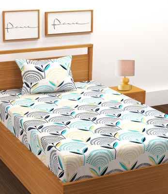 BLUEDOT Cotton Single Flat 180 TC Floral Bedsheet(Pack of 1, White, Blue)