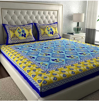 E ELMA 144 TC Cotton Double Jaipuri Prints Flat Bedsheet(Pack of 1, Blue)
