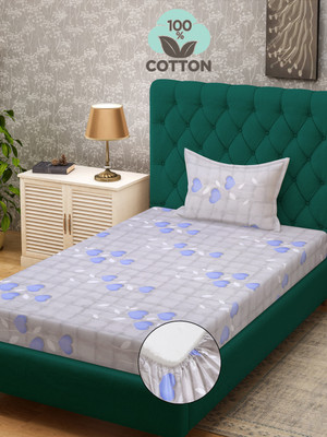 Klotthe 400 TC Cotton Single Printed Fitted (Elastic) Bedsheet(Pack of 1, Blue)