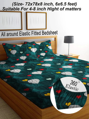 RisingStar Cotton King Fitted (Elastic) 250 TC Printed Bedsheet(Pack of 1, FITTED_ Green Heart)