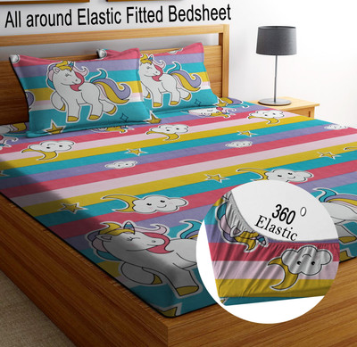 Italian Fab Microfiber, Cotton King Fitted (Elastic) 210 TC Cartoon Bedsheet(Pack of 1, Kids Cartoon Blue)