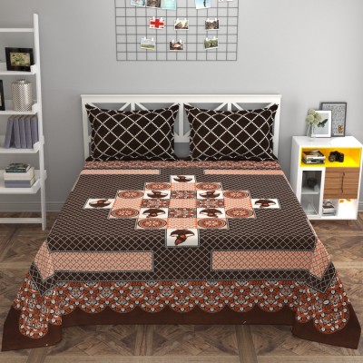 YaAkholic 210 TC Cotton Double, Queen Printed Flat Bedsheet(Pack of 1, Brown, 1 Double Bed Cover, 2 Pillow Covers)