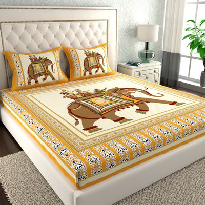 Cosito Cotton Double Flat 144 TC Jaipuri Prints Bedsheet(Pack of 1, Yellow, Brown)