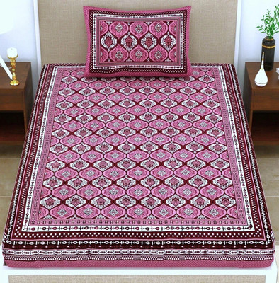 BharatLinen Cotton Single Flat 144 TC Jaipuri Prints Bedsheet(Pack of 1, Purple)