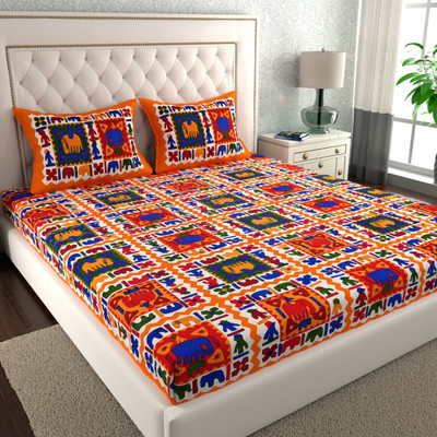 Govindam 144 TC Cotton Single Printed Flat Bedsheet(Pack of 1, Red/Blue Square)